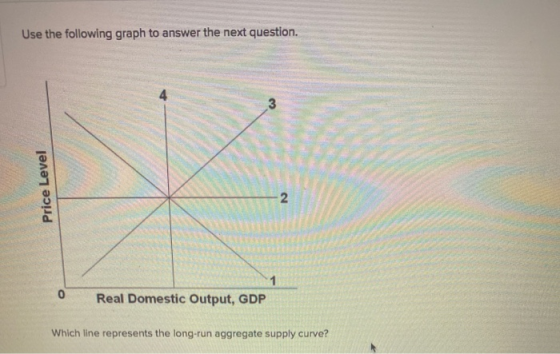 Use the following graph to answer the next question. Price Level 2 0 1 Real Domestic Output, GDP Which line represents the lo