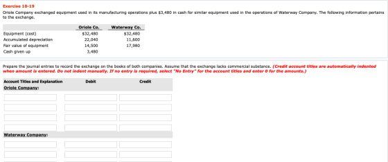 Exercise 10-19 Oriole Company exchanged equipment used in its manufacturing operations plus $3,480 in cash for similar equipm