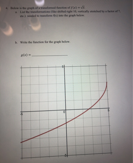 4. Below is the graph of a transformed function of f(x) = x a. List the transformations (like shifted right 10, vertically st