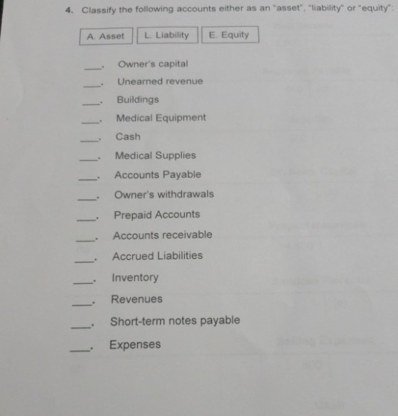 4. Classify the following accounts either as an asset, liability or equity A. Asset L. Liability E. Equity Owners capital Unearned revenue Buildings Medical Equipment Cash Medical Supplies Accounts Payable Owners withdrawals Prepaid Accounts Accounts receivable Accrued Liabilities Inventory · Revenues Short-term notes payable Expenses