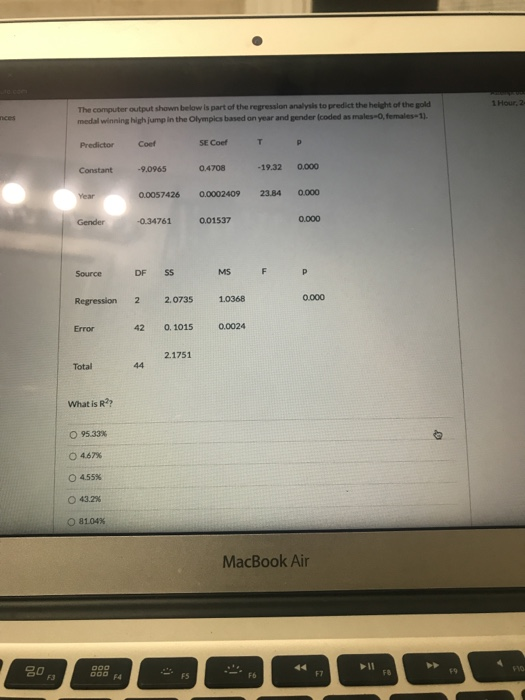 1 Hour 2 The computer output shown below is part of the repression analysis to predict the height of the gold medal winning h