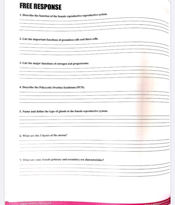 FREE RESPONSE 1. Describe the function of the female reproductive reproductive system. 2. List the important functions of gra