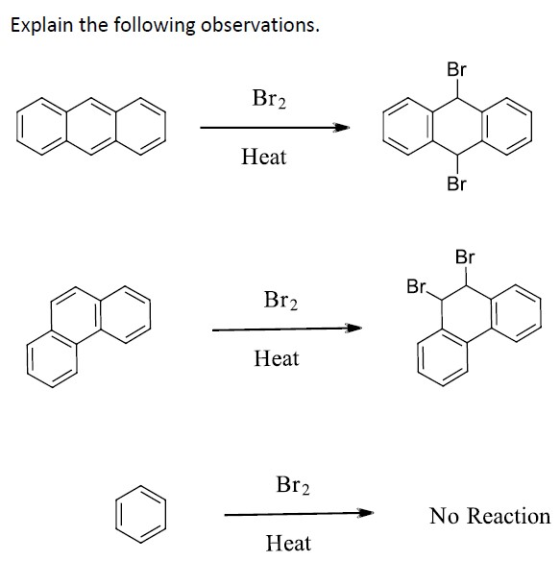 Explain the following observations. Br Br2 Heat Br Br Br. Br2 Heat Br2 No Reaction Heat