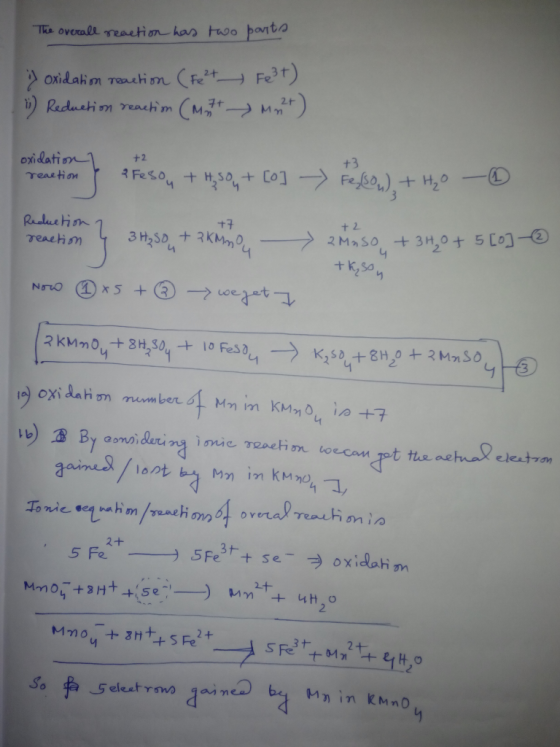 The overall reaction has two parts :) oxidation reaction (Fe ²+ 1) Reduction reaction ( M Fe3t) ) M oxidation reaction / +2 2