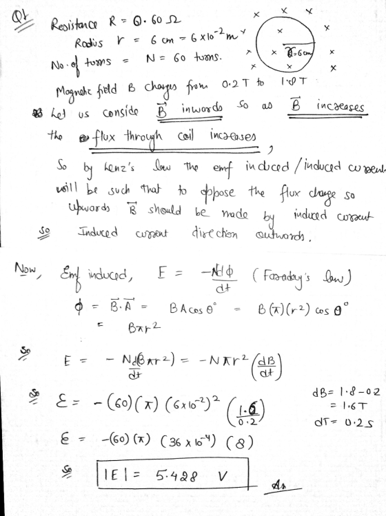 X X OL X X Resistance R = 0.602 Rodius r 6 cm = 6*10-2my No tors N = 60 tons. x 86 cm х х IoT Magnehe field B charges from 0.
