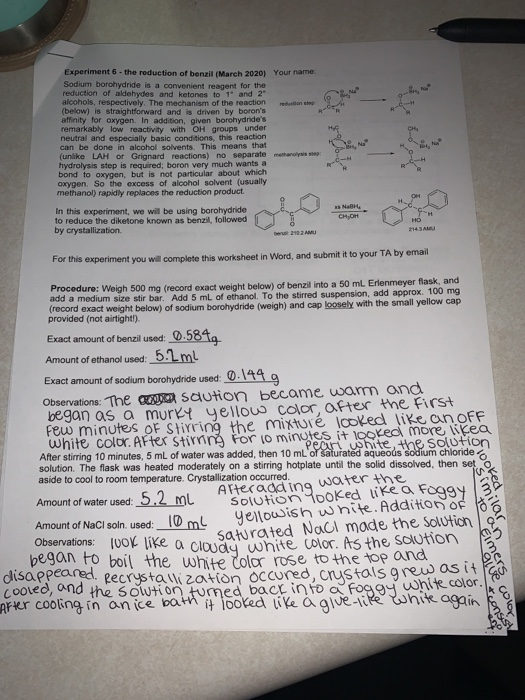 Experiment . the reduction of bencil (March 2020) Your name Sodium borohydride is a convert recent for the reduction of dehyd