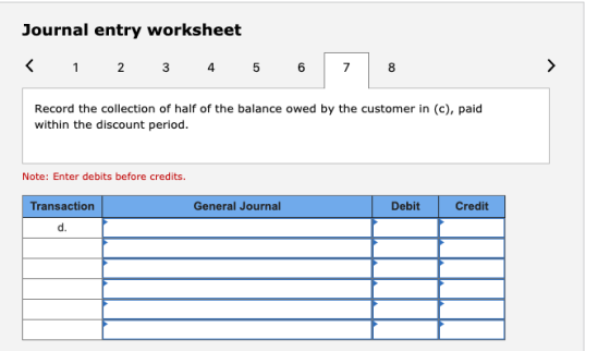 Journal entry worksheet < 1 2 3 4 5 6 Record the collection of half of the balance owed by the customer in (c), paid within t