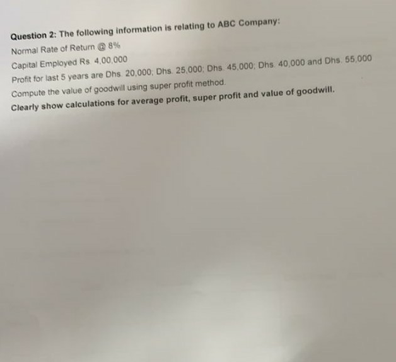 Question 2: The following information is relating to ABC Company Normal Rate of Retur @ 8% Capital Employed Rs 4,00,000 Profi