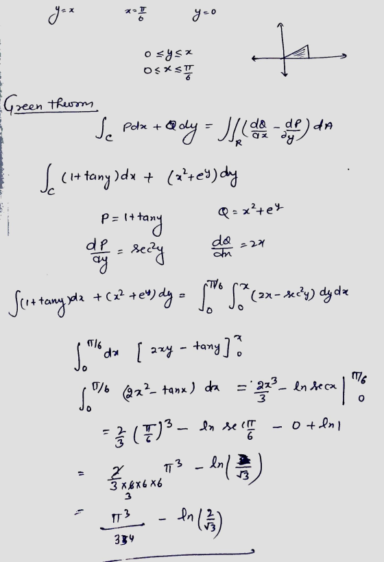 얘 osysa Osxsam ireen theom Green Turon sa pole tedy = Pdata de - de da I (t le cittany) dx + (xrey) dy P= 1+tany Q=2²tet xx .