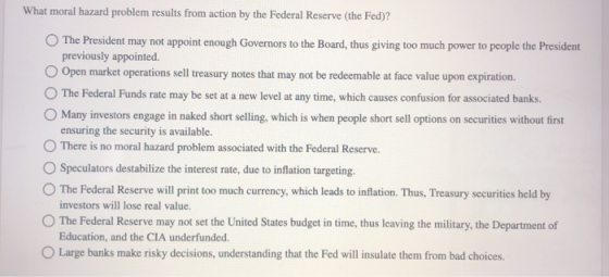 What moral hazard problem results from action by the Federal Reserve (the Fed)? The President may not appoint enough Governor