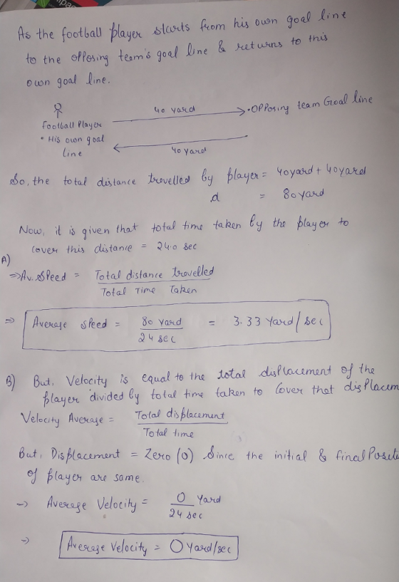 As the footbal Haypr stosts from his oun goel line to the gpǐ64 ing tam, s goal line & ketukns te this o uon goal Iine His ouwn goal to yaruo So, the toto distonte oveites by playo Yo yard+ Voyardf Nouw, it is given that totul tme taken Ky the pleyeor to (over this dista ne 240 8ec stan(e Total Time Tahen ) But. Velocity s equal te the total dalacimant oy the player divided Gy totel tine takon to over thot dis Placum Velocity Avexase Total dsplacannt Total timg one the el Blayon are some Average VelocityYard 2y bec