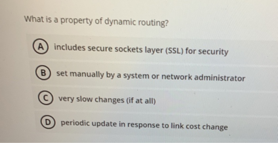 What is a property of dynamic routing? A includes secure sockets layer (SSL) for security B set manually by a system or netwo