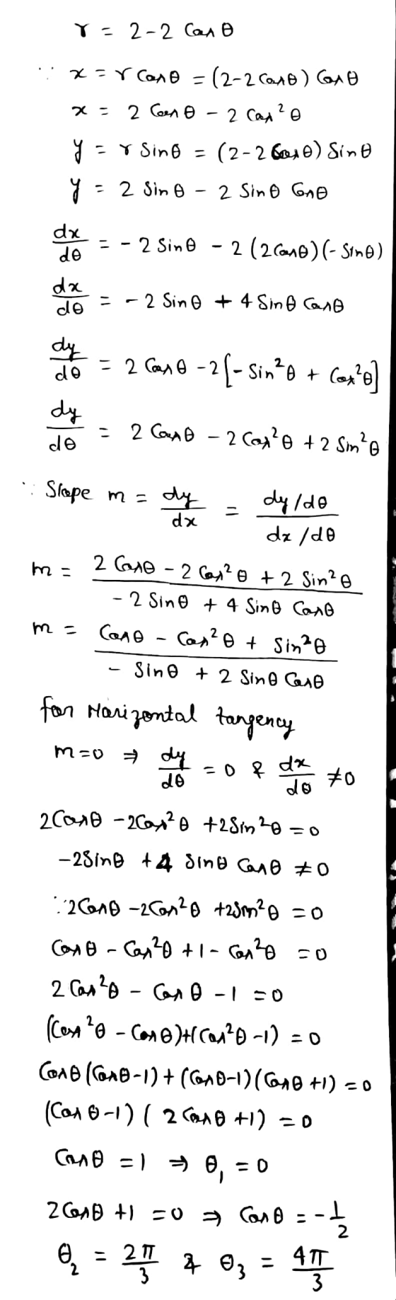 r = 2-2 Cane x=rCaro = (2-2 Caro) Gaxo 2 Ceen o - 2 Cax 20 y = -r Sino = (2-2 600) Sino 2 = 2 Sino 2 Sino Gno da = - 2 Sino -