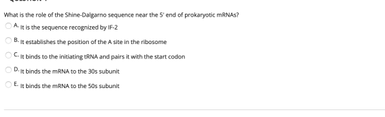 What is the role of the Shine-Dalgarno sequence near the 5 end of prokaryotic mRNAS? O A. It is the sequence recognized by I