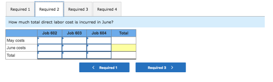 Required 1 Required 2 Required 3 Required 4 How much total direct labor cost is incurred in June? Job 602 Job 603 Job 604 Tot
