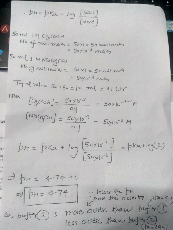 Altar Ctrl Port Pr=pka + log [salt] [acid (intet CORE 1 50m IM CHCOOH No. of milimoles 50x1= 50 milimeles = 50x10 3 moles 50