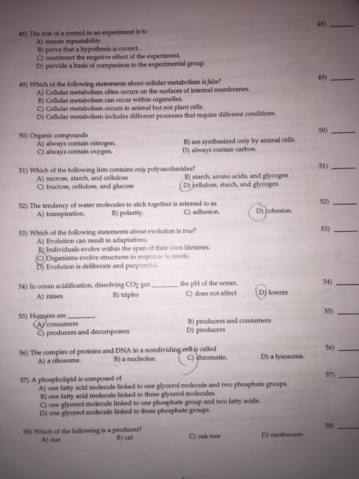 48) 48) The role of a control in an experiment is to A) ensure repeatability B) prove that a hypothesis is correct C) counteract the negative effect of the experiment D) provide a basis of comparison to the experimental group. 49) 49) Which of the following statements about cellular metabolism is false? A) Cellular metabolism often occurs on the surfaces of internal membranes. B) Cellular metabolism can occur within organelles. C) Cellular metabolism occurs in animal but not plant cells. D) Cellular metabolism incłudes different processes that require different conditions. 50) Organic compounds A) always contain nitrogen. C) always contain oxygen. B) are synthesized only by animal cells. D) always contain carbon. 51) 51) Which of the following lists contains only polysaccharides? A) sucrose, starch, and cellulose C) fructose, cellulose, and glucose B) starch, amino acids, and glycogen D) bellulose, starch, and glycogen 52) 52) The tendency of water molecules to stick together is referred to as A) transpiration. B) polarity C) adhesion. D) cohesion. 53) Which of the following statements about evolution is true? A) Evolution can result in adaptations Individuals evolve within the span of their own lifetimes. Evolution is deliberate and purposehil isms evolve structures in response to needs 54) 54) In ocean acidification, dissolving CO2 gasthe pH of the ocean. B) triples A) raises C) does not affect D) lowers 55) Humans are B) producers and consumers D) producers consumers ) producers and decomposers 56) 56) The complex of proteins and DNA in a nondi D) a lysosome. B) a nucleolus C) ghromatin. A) a ribosome. 57) A phospholipid is composed of A) one fatty acid molecule linked to one glycerol molecule and two phosphate groups B) one fatty acid molecule linked to three glycerol molecules. C) one glycerol molecule linked to one phosphate group and two fatty acids. D) one glycerol molecule linked to three phosphate groups 58) Which of the following is a producer? D) earthworm B) cat C) oak trese A) sun