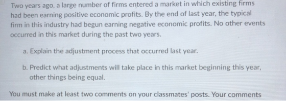 Two years ago, a large number of firms entered a market in which existing firms had been earning positive economic profits. B