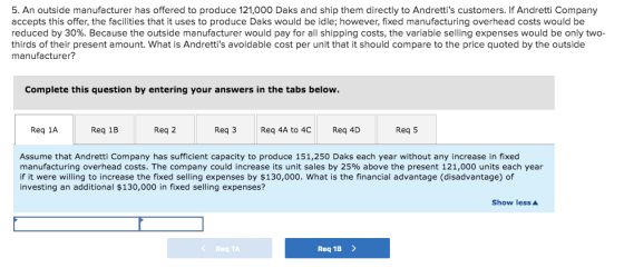 5. An outside manufacturer has offered to produce 121,000 Daks and ship them directly to Andrettis customers. If Andretti Co