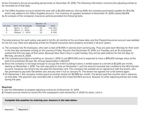Arnez Companys annual accounting period ends on December 31, 2019. The following information concerns the adjusting entries