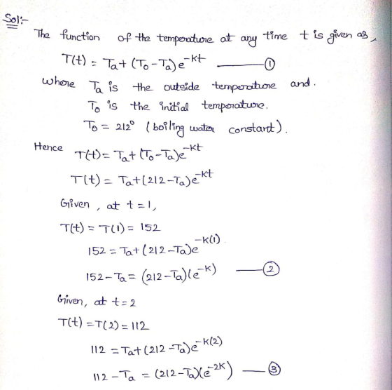 Solis Hence The function of the temperature at any time t is given as T(+) - Ta+ (To-Tee-kt - o Where Ta is the outside tempe