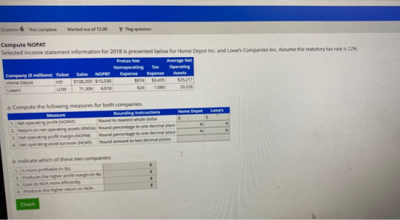 Question 6 Not complete Marked out of 12.00 P Rag question Compute NOPAT Selected income statement information for 2018 is pr