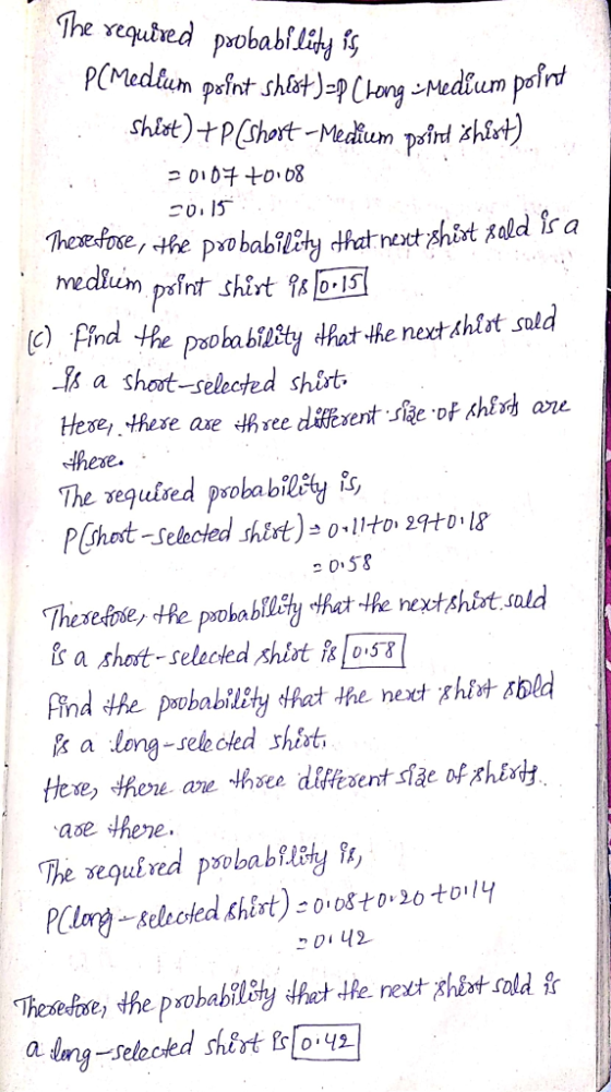 The requhed pobabllit chist)-p(Short-Medium polrd kkrt) medium afnt shirt a short-seleted shut Hese, .these axe three d.Hexent. Aae. Df 쎄婧ane dhese. PChost-Selected shirtlito 2tD8 2 058 a shet- seleced shist i [ost Pind the pscbability shat the next shidt bld a longseleoled shist, ase thene The sequired psbabilety h, aina-selected shirt &[0.121