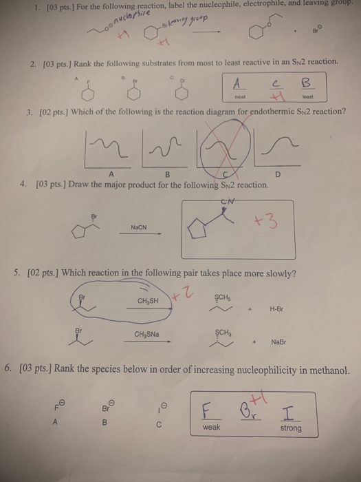 1. [03 pts. For the following reaction, label the nucleophile, electrophile, and leaving group. nucleophile Lexleasing group