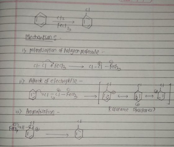 th fecta Mechanism is polqofsalgon of halogen molecule - - cl-ci & fechas - 4 & -peday > Alteeck of elechophile - Day 041529