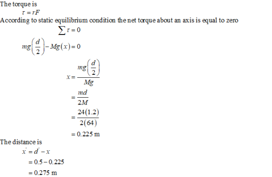 The torque is According to static equilibrium condition the net torque about an axis is equal to zero 2 Mg 2M 24(1.2) 2(64) = 0.225 m The distance is = 0. 5-0. 225 = 0.275 m