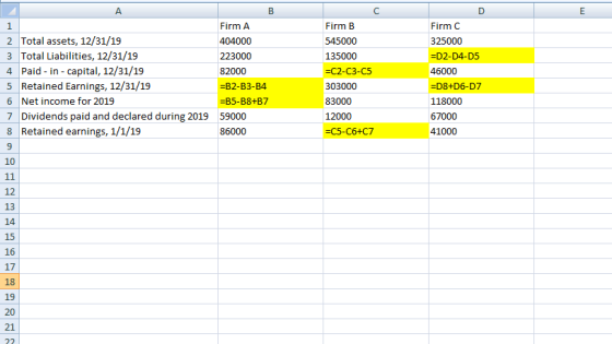 A 1 Firm A 2 Total assets, 12/31/19 404000 3 Total Liabilities, 12/31/19 223000 4 Paid - in - capital, 12/31/19 82000 5 Retai