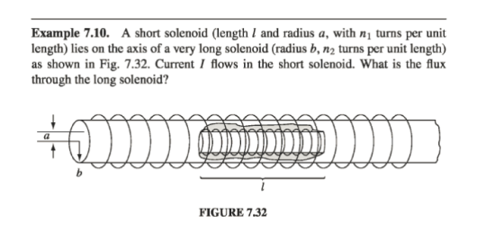 Example 7.10. A short solenoid (length l and radius a, with n turns per unit length) lies on the axis of a very long solenoid (radius b, n2 turns per unit length) as shown in Fig. 7.32. Curren I flows in the short solenoid. What is the flux through the long solenoid? FIGURE 7.32
