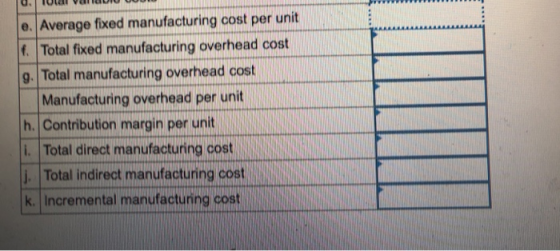 e. Average fixed manufacturing cost per unit f. Total fixed manufacturing overhead cost g. Total manufacturing overhead cost Manufacturing overhead per unit h. Contribution margin per unit i. Total direct manufacturing cost i. Total indirect manufacturing costN k. Incremental manufacturing cost