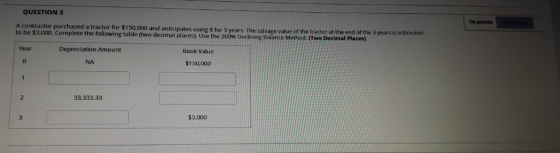 QUESTION 3 14 points A contractor purchased a tractor for $150,000 and anticipates using it for 3 years. The salvage to be $3