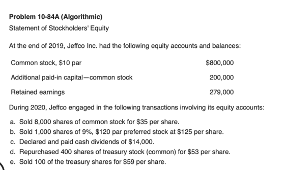 Problem 10-84A (Algorithmic) Statement of Stockholders Equity At the end of 2019, Jeffco Inc. had the following equity accou