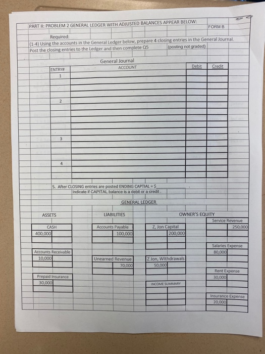 PART II: PROBLEM 2 GENERAL LEDGER WITH ADJUSTED BALANCES APPEAR BELOW: FORMB Required: (1-4) Using the accounts in the Genera
