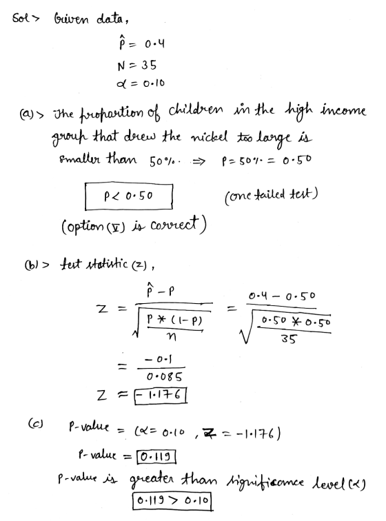 Sol> Griven data, Ộ - = 0.4 N = 35 d=0.10 (a) > The proportion of children in the high income group that drew the nickel too