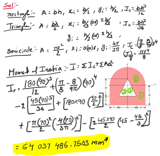 Soli- rectorgh: A:bh, x;= 6,8;=We , Ica boda Triangle: A = 6h, x; = % 0) 2% Ic= bh? :126922 Senicircle:- A lb, 21:06, Y; WY,