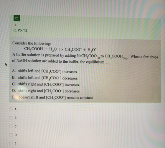 25 (1 Point) Consider the following: CH,COOH + H20 ~ CH,COO + H20+ A buffer solution is prepared by adding NaCH,COO to CH,COO