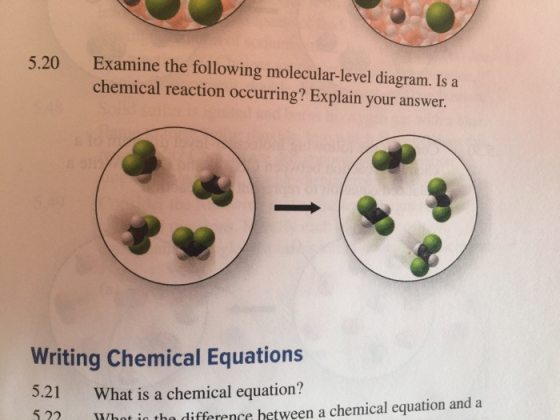 Examine the following molecular-level diagram. Is a chemical reaction occurring? Explain your answer. 5.20 Writing Chemical E
