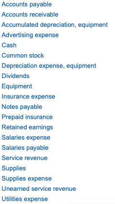 Accounts payable Accounts receivable Accumulated depreciation, equipment Advertising expense Cash Common stock Depreciation expense, equipment Dividends Equipment Insurance expense Notes payable Prepaid insurance Retained earnings Salaries expense Salaries payable Service revenue Supplies Supplies expense Unearned service revenue Utilities expense