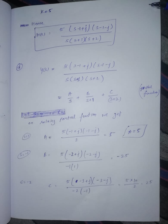 Kes Aster Hence 5 (stri) (5-1-j) s(s+15+2) JHS) = YO) = 5(st+j) (st-j) S(SH) (5+2) Sportial A fraction S+1 on solving ing par