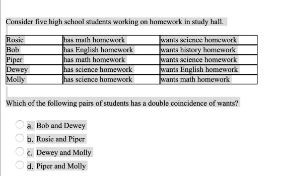 Consider five high school students working on homework in study hall. Rosie Bob Piper Dewey Molly has math homework has Engli