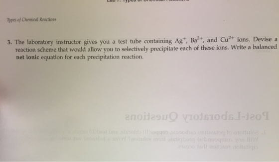 LUPUJE Types of Chemical Reactions 3. The laboratory instructor gives you a test tube containing Ag, Ba²+, and Cu²+ ions. Dev