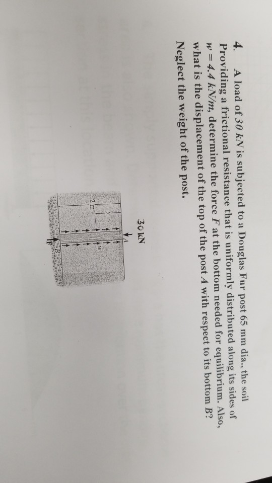 4. A load of 30 kN is subjected to a Douglas Fur post 65 mm dia, the soil Providing a frictional resistance that is uniformly