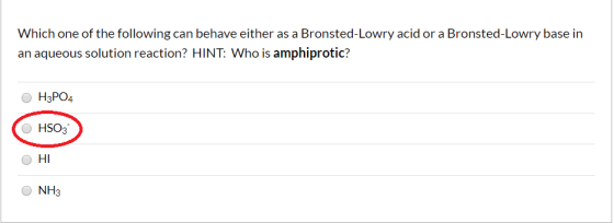 Which one of the following can behave either as a Bronsted-Lowry acid or a Bronsted-Lowry base in an aqueous solution reactio