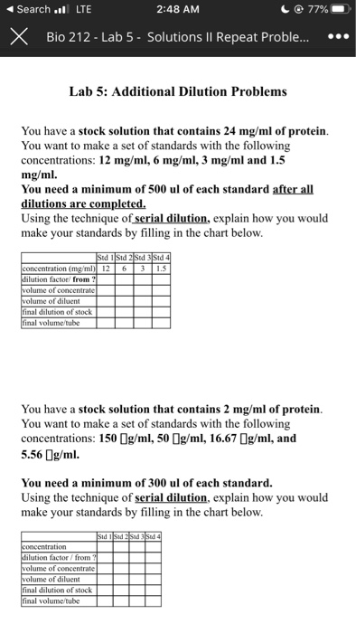 Search .l LTE 2:48 AM C 77% x Bio 212 - Lab 5 - Solutions Il Repeat Proble... ... Lab 5: Additional Dilution Problems You hav