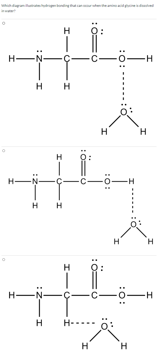 Which diagram illustrates hydrogen bonding that can occur when the amino acid glycine is dissolved in water? o I-0- HƏN -H H