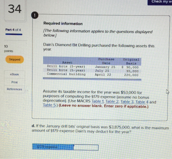Check my w Part 4 of 4 Required information [The following information applies to the questions displayed below.] Dains Diam