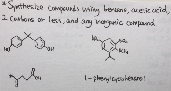 *Synthesize compounds using benzene, acetic acid, 2 carbons or less, and any inorganic compound. NO NO -OCH I-phenylcyclohexa